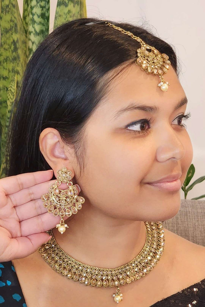 || NEZA || Neutral Necklace & Earrings Set with Tikka