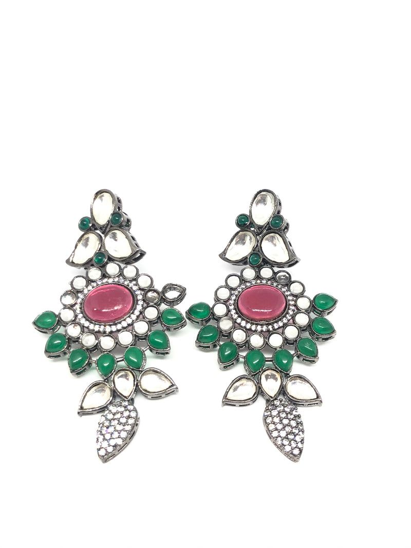 Victorian Indian Kundan Style Pink & Dark Green Earrings