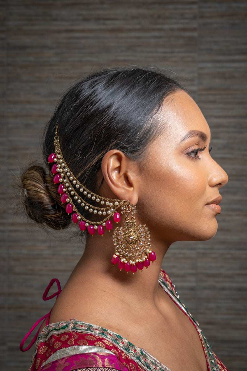 Magenta Gold Floral Earrings with beaded Kaan Chain