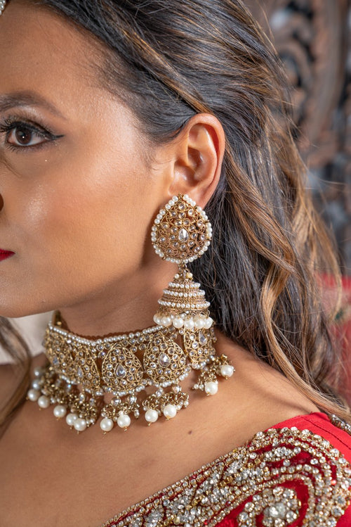 || ANIKA || Choker Necklace with Earrings & Tikka and White Pearls & Stones