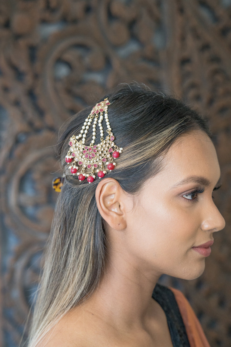 Red Gorgeous Gold Jhoomar/Large Tikka with Pearls