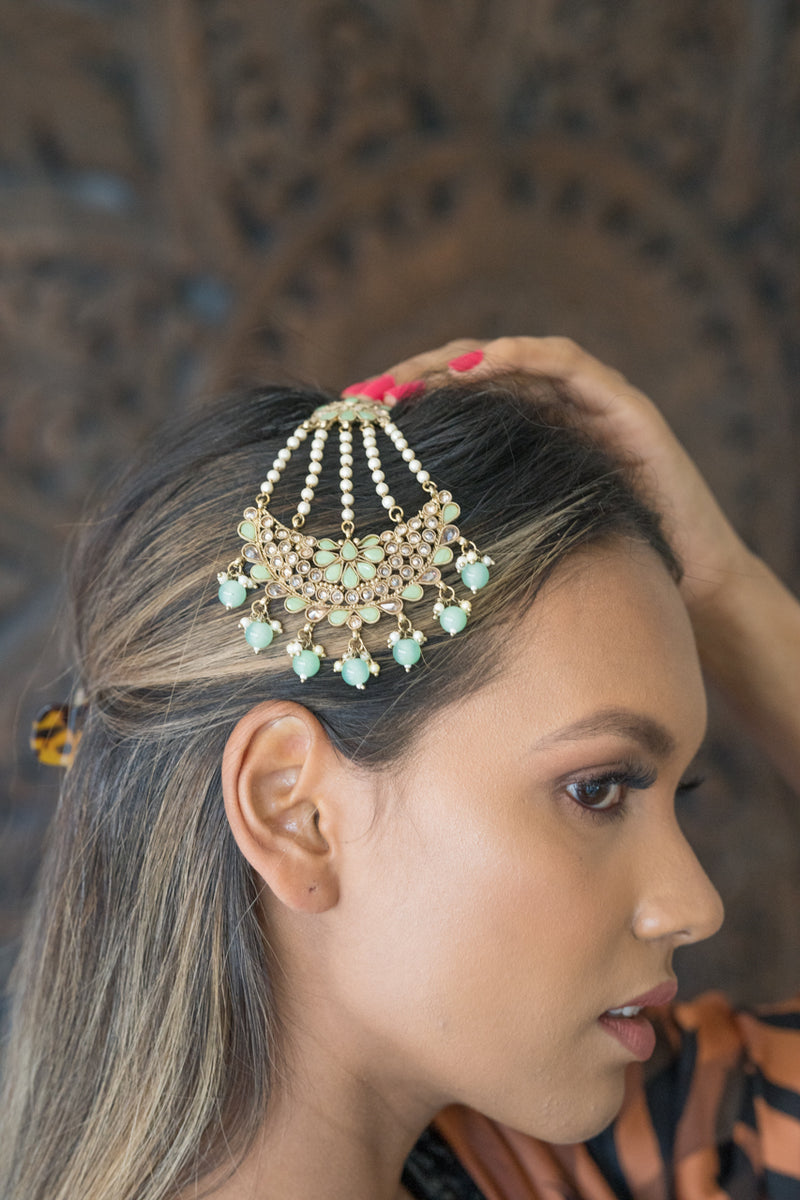 Mint Green Gorgeous Gold Jhoomar/Large Tikka with Pearls
