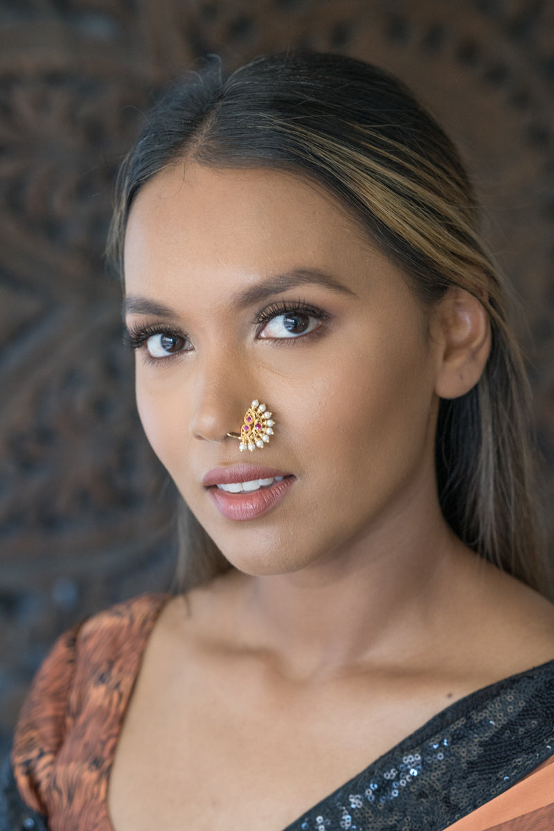 Traditional Style Nose Pin with Magenta Stones and White Pearls