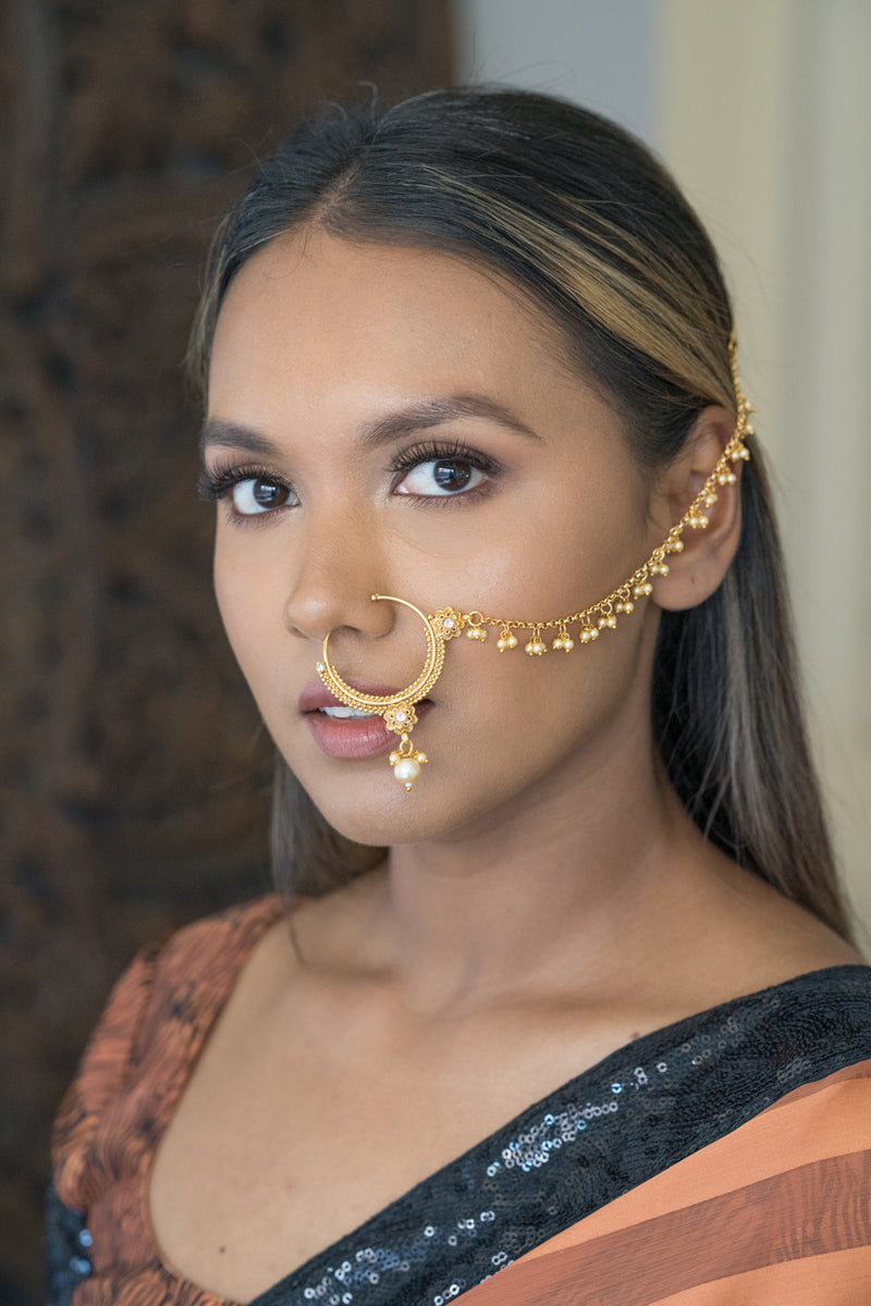Small Floral Naat or Indian Nose Ring with Stones (Clear or Champagne Stones Random)