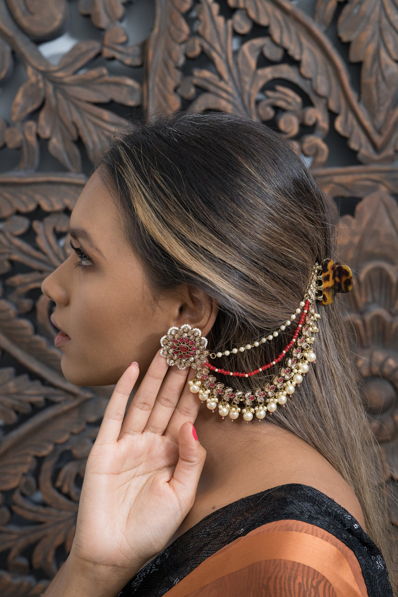 Red Round Earrings with beaded Kaan Chain