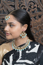 Baby Blue Mirror Necklace with Earrings & Tikka