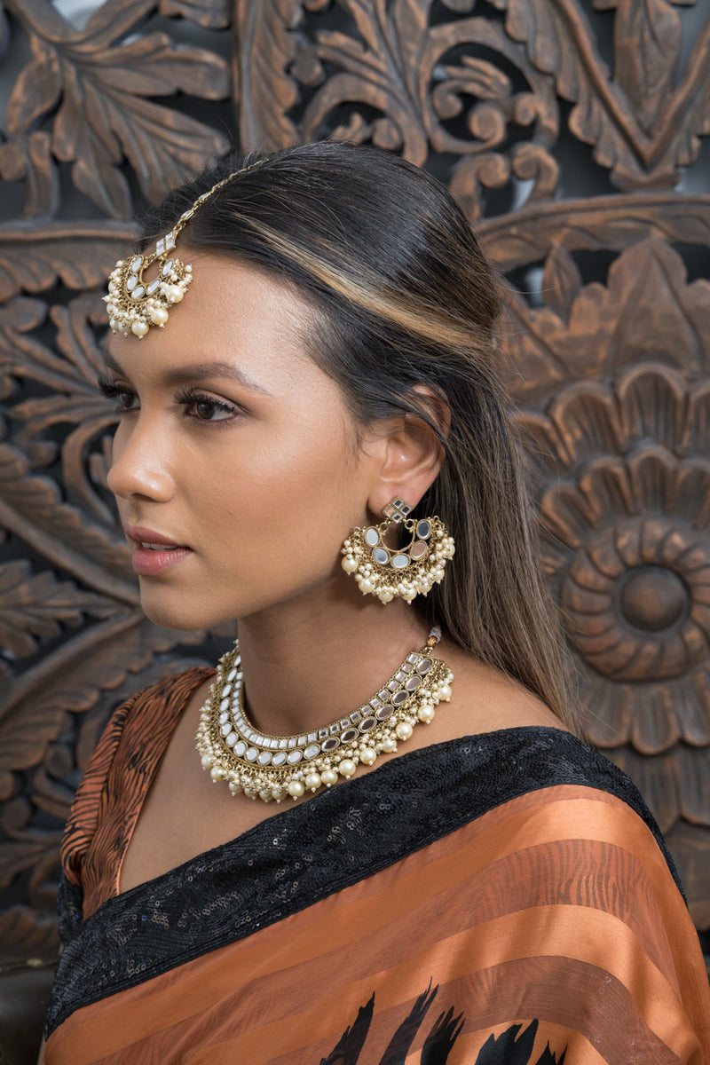 Neutral Coloured Mirror Choker Necklace with Earrings & Tikka