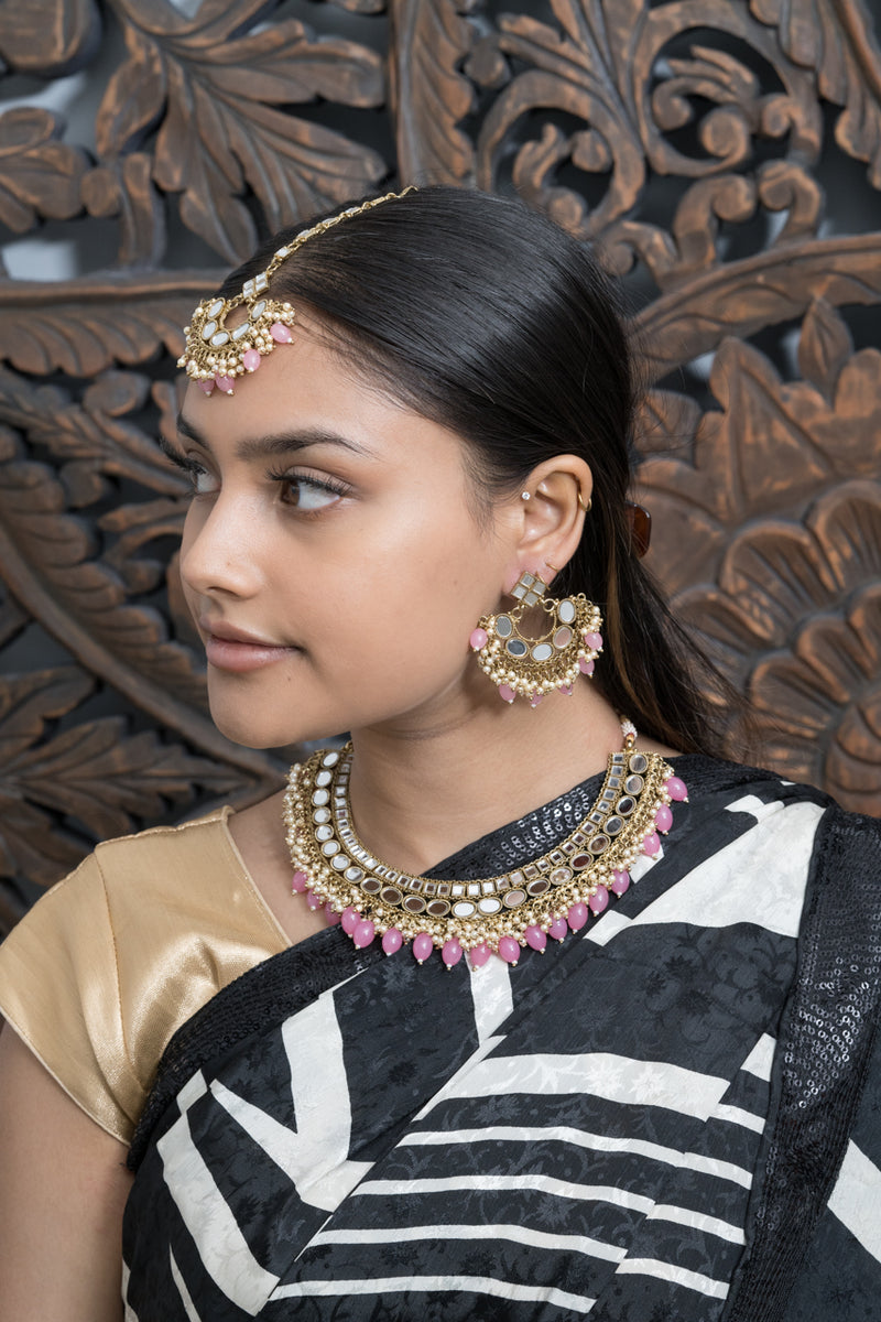 Pink Mirror Necklace with Earrings & Tikka