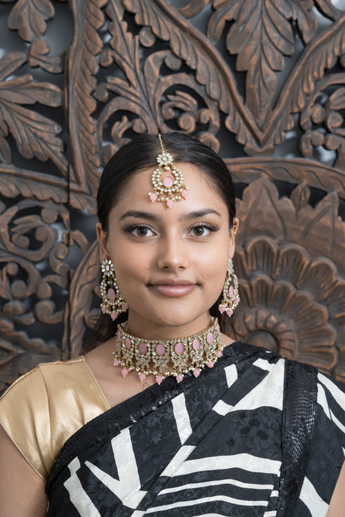 Pink Choker Mirror Necklace with Earrings & Tikka