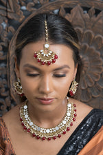 Red Mirror Necklace with Earrings & Tikka