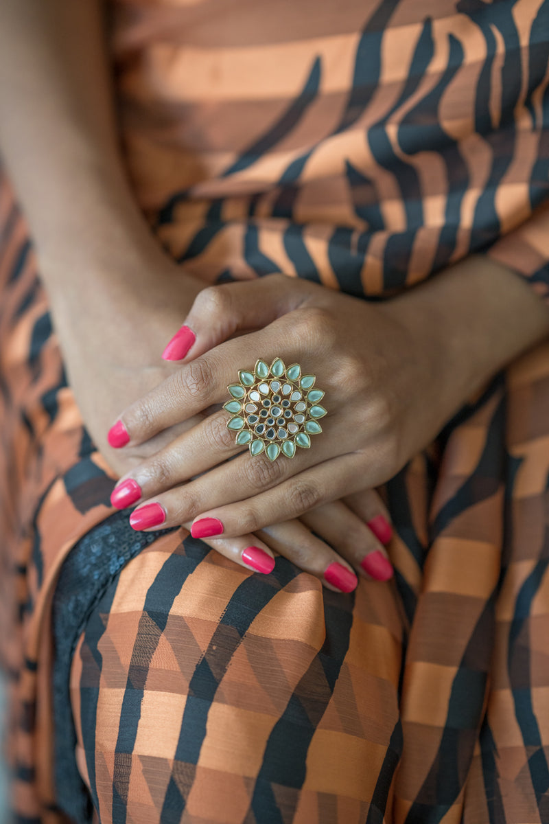 Pastel Green & Gold Mirror Indian Ring