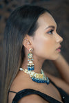 || THEA || Indian Long Kundan Necklace with Blue Glass Beads White Pearls with Earrings