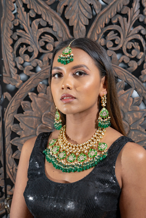 || KALENE || Green Kundan with Meenakari work Necklace with Earrings & Tikka