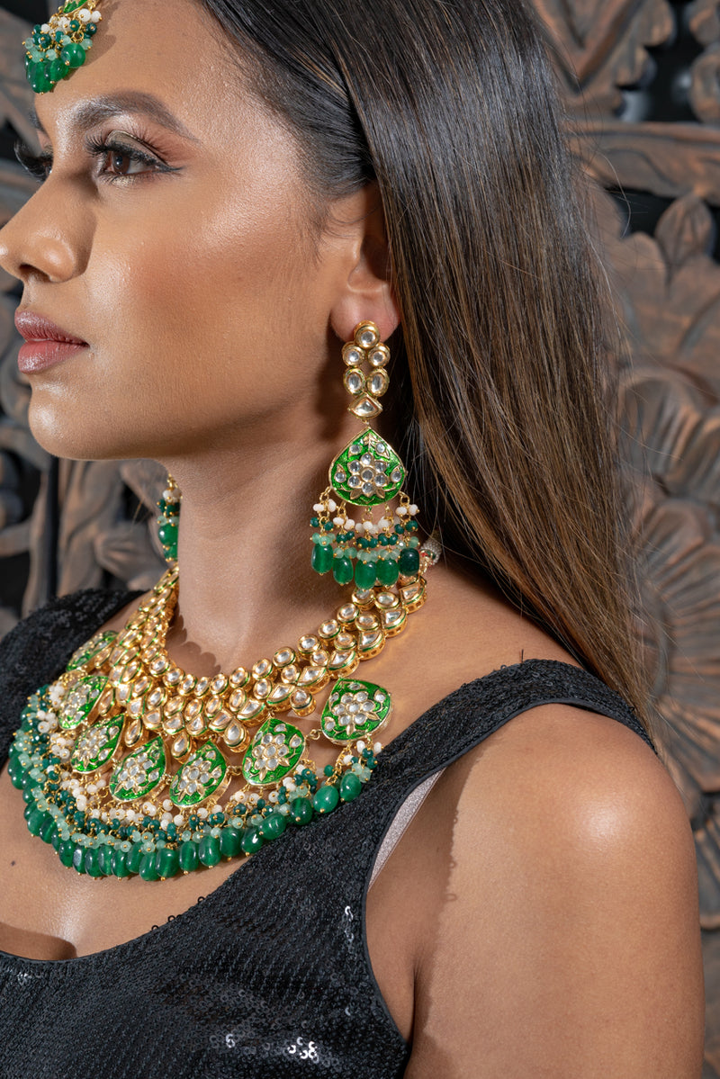 || KALENE || Green Kundan with Meenakari work Necklace with Earrings & Tikka