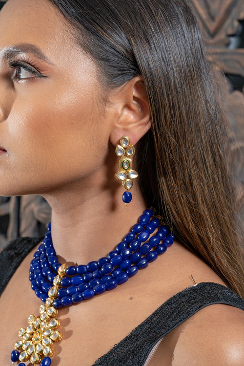 || SUFIA || Long Kundan Necklace with Blue Beads with Earrings