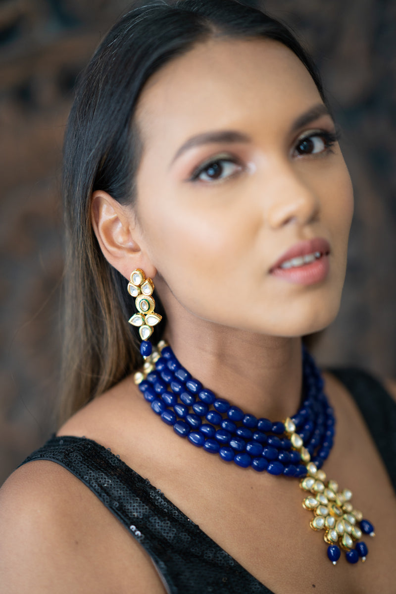 || SUFIA || Long Kundan Necklace with Blue Beads with Earrings