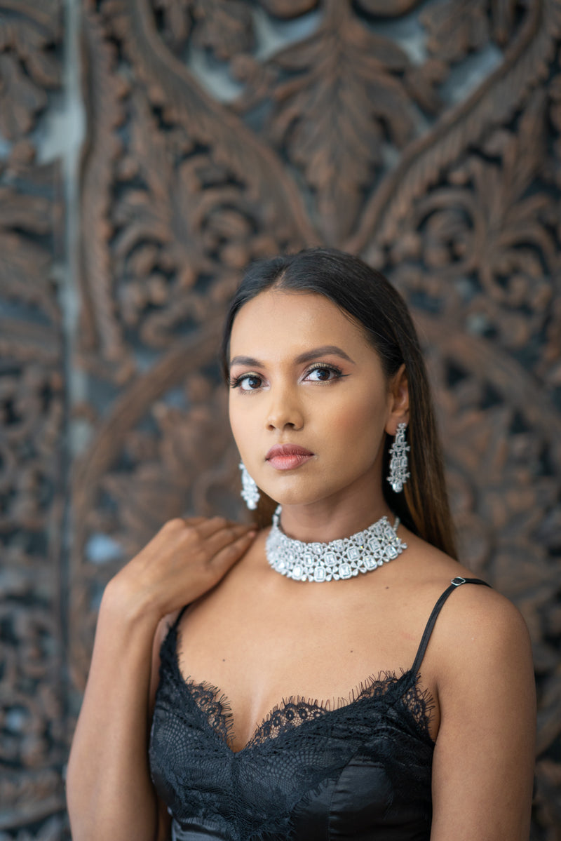 || DIAMOND || Silver AD Choker Necklace with Earrings