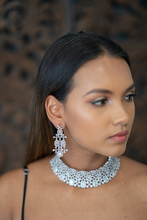 || DIAMOND || Silver AD Choker Necklace with Earrings