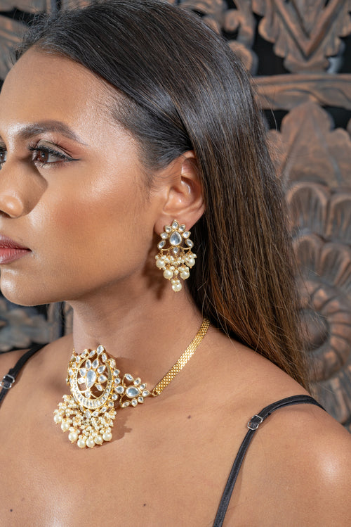 || GAIA || Yellow Gold Fine Kundan Necklace & Earrings Set with White Pearls