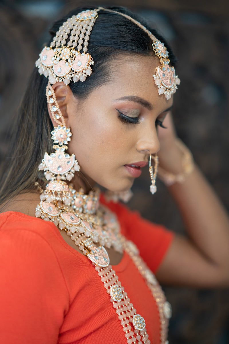 || NUR || Full Meenakari Indian Bridal Set in Peach with Kundan Stones