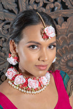 || SVANA || Red & Pearl Floral Jewellery with Earrings, Tikka & Hand Piece