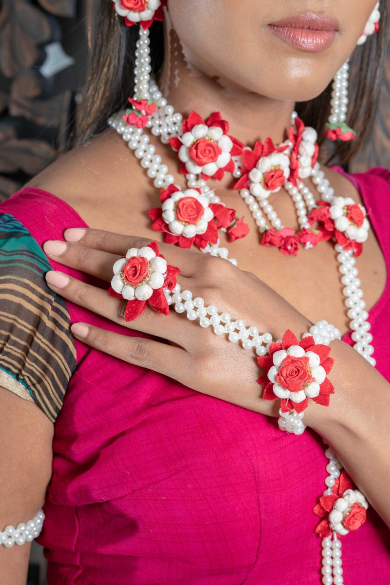|| KIERA || Red & White Princess Floral Jewellery with Earrings, Tikka & Hand Piece