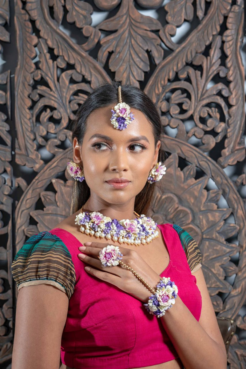 || NOOR || Purple & White Princess Floral Jewellery with Earrings, Tikka & Hand Piece