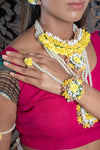 || NOOR || Yellow & White Pearl Floral Jewellery with Earrings, Tikka & Hand Piece