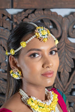 || NOOR || Yellow & White Pearl Floral Jewellery with Earrings, Tikka & Hand Piece