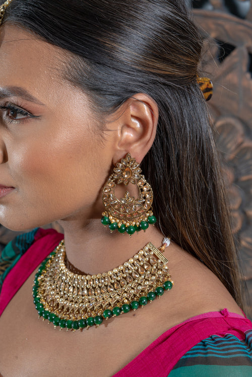 || SONAKSHI GREEN || Gold Indian Choker with Earrings & Tikka in Champagne Pearls