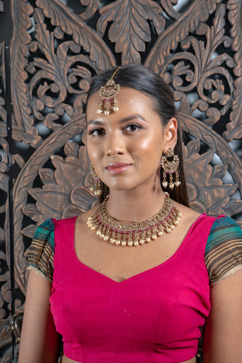 || ALBA || Gold Indian Necklace with Earrings & Tikka in Champagne & Pink Beads
