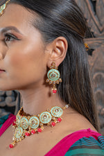 || AZORA || Yellow Gold Indian Meenakari Necklace with Earrings & Tikka with Red Beads