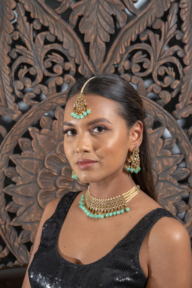 || CALITHEA || Dusty Blue & Gold Necklace Set with Earrings & Tikka