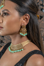 || CALITHEA || Dusty Blue & Gold Necklace Set with Earrings & Tikka