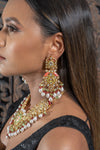 || GIA || Long Meenakari Necklace with Green, Red & White Beads with Earrings