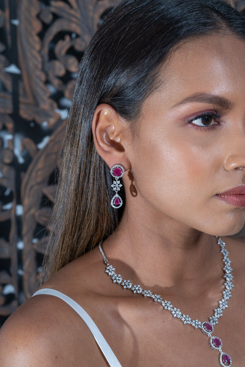 || MELEENA PINK || American Diamond Necklace with Earrings in Silver and Pink