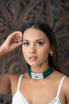 || PATHENA || American Diamond Choker with Earrings with Green Beads