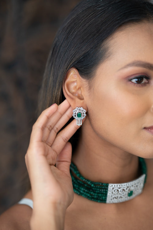 || PATHENA || American Diamond Choker with Earrings with Green Beads