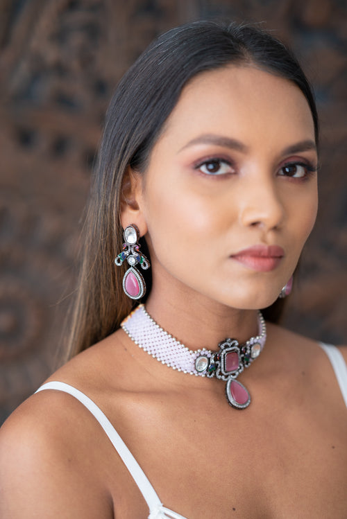 || SHIRA || Western Style Choker Necklace with Earrings in Pink Coloured Kundan Stones
