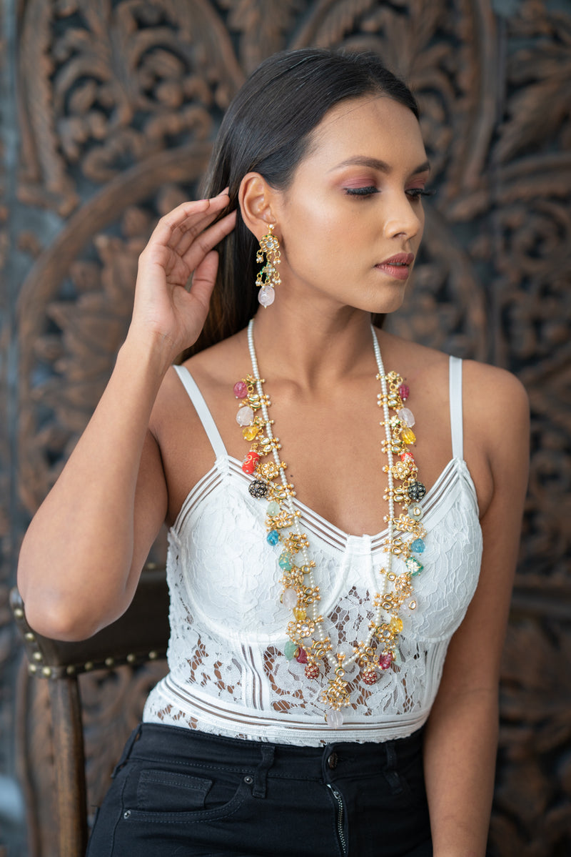 || PHILOMENA || Western Style Long Necklace with Earrings in Multi Coloured Stones