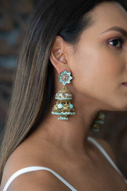 Large Jhumka Earrings with Pastel Blue Pearls