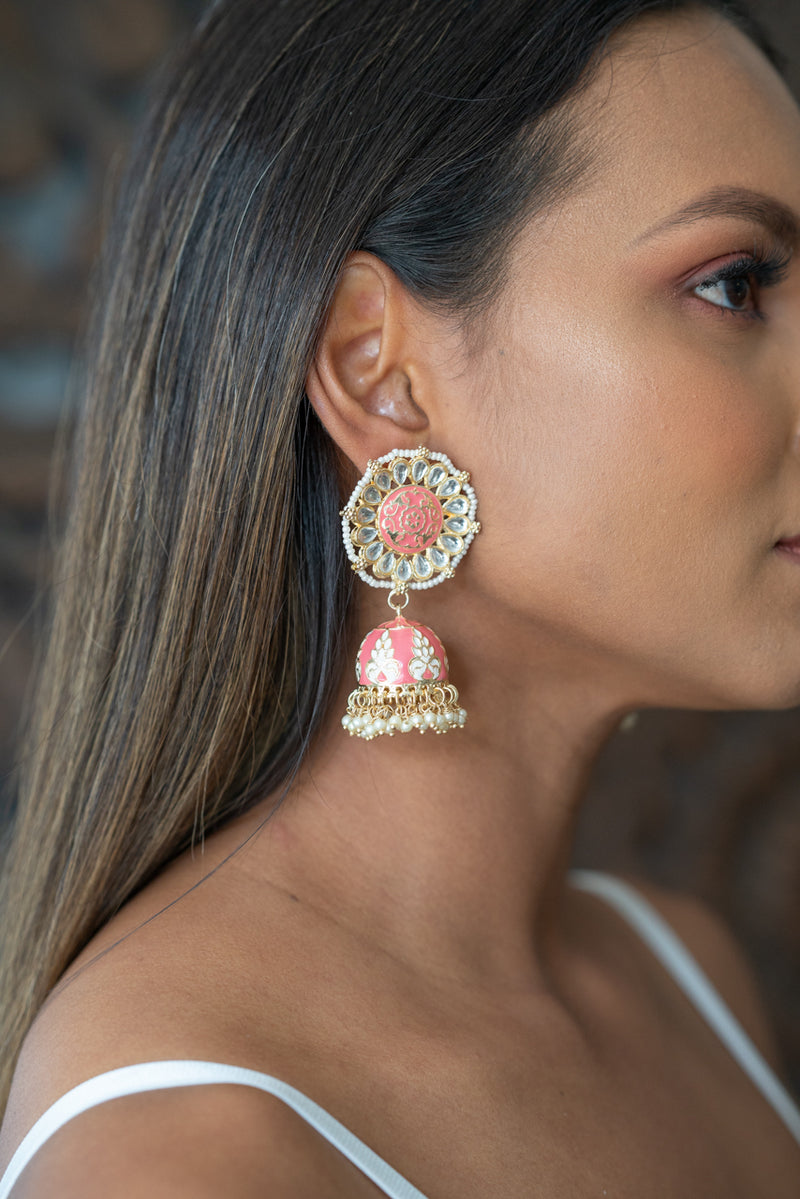 Round Light Pink Meenakari Jhumka Earrings