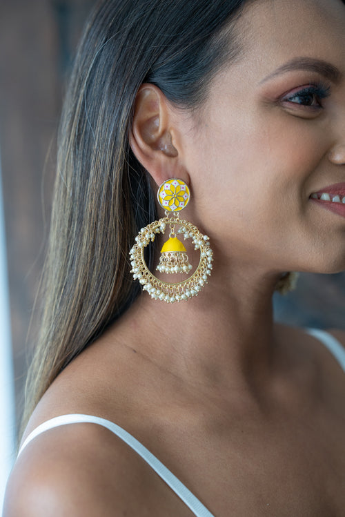 Gold Hoop Earrings with Bright Yellow Small Jhumkas