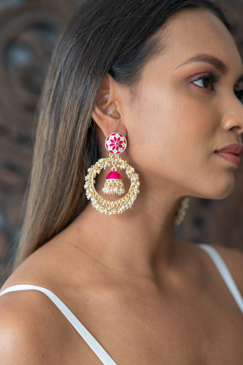 Gold Hoop Earrings with Pink Small Jhumkas