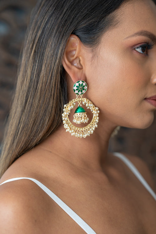 Gold Hoop Earrings with Green Small Jhumkas