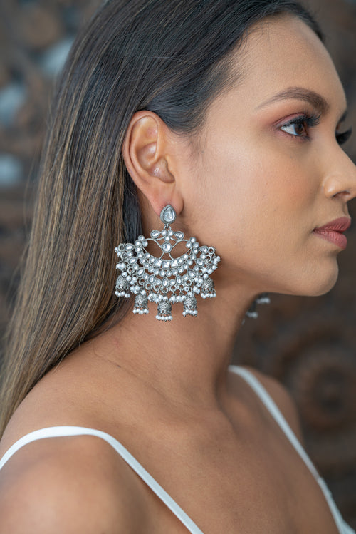 Small Jhumki Oxidised Silver Earrings with White Pearls