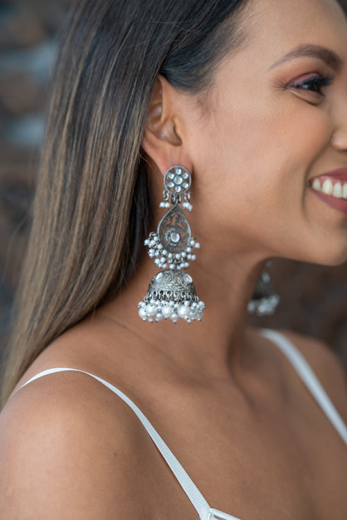 Jhumka Oxidised Silver Earrings with Pearls