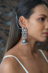 Oxidised Silver Jhumki Earrings with Simple Pearl Kaan Chain with Pearls