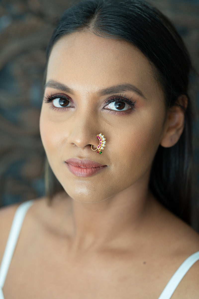 Traditional Style Nose Pin with Magenta Stones and Red & Green Beads