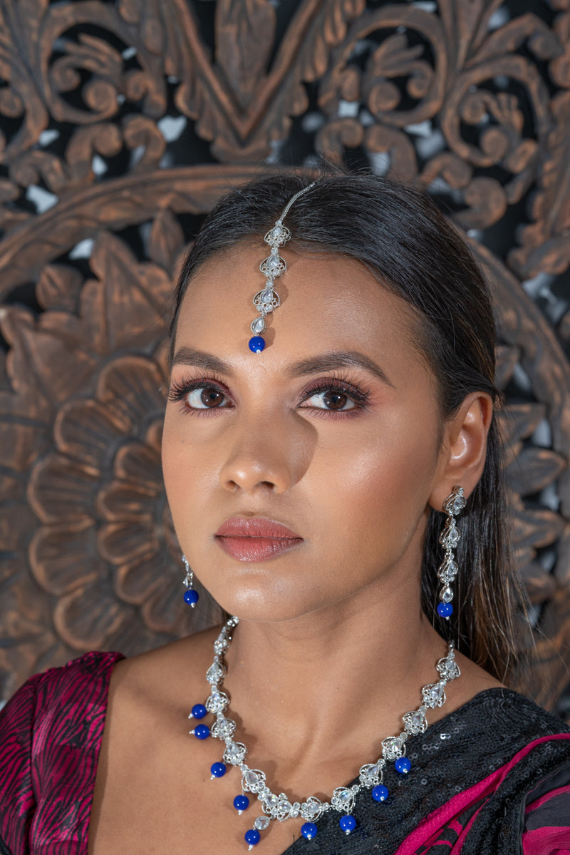 || CHARITA || Silver Necklace with Earrings & Tikka with Blue Beads
